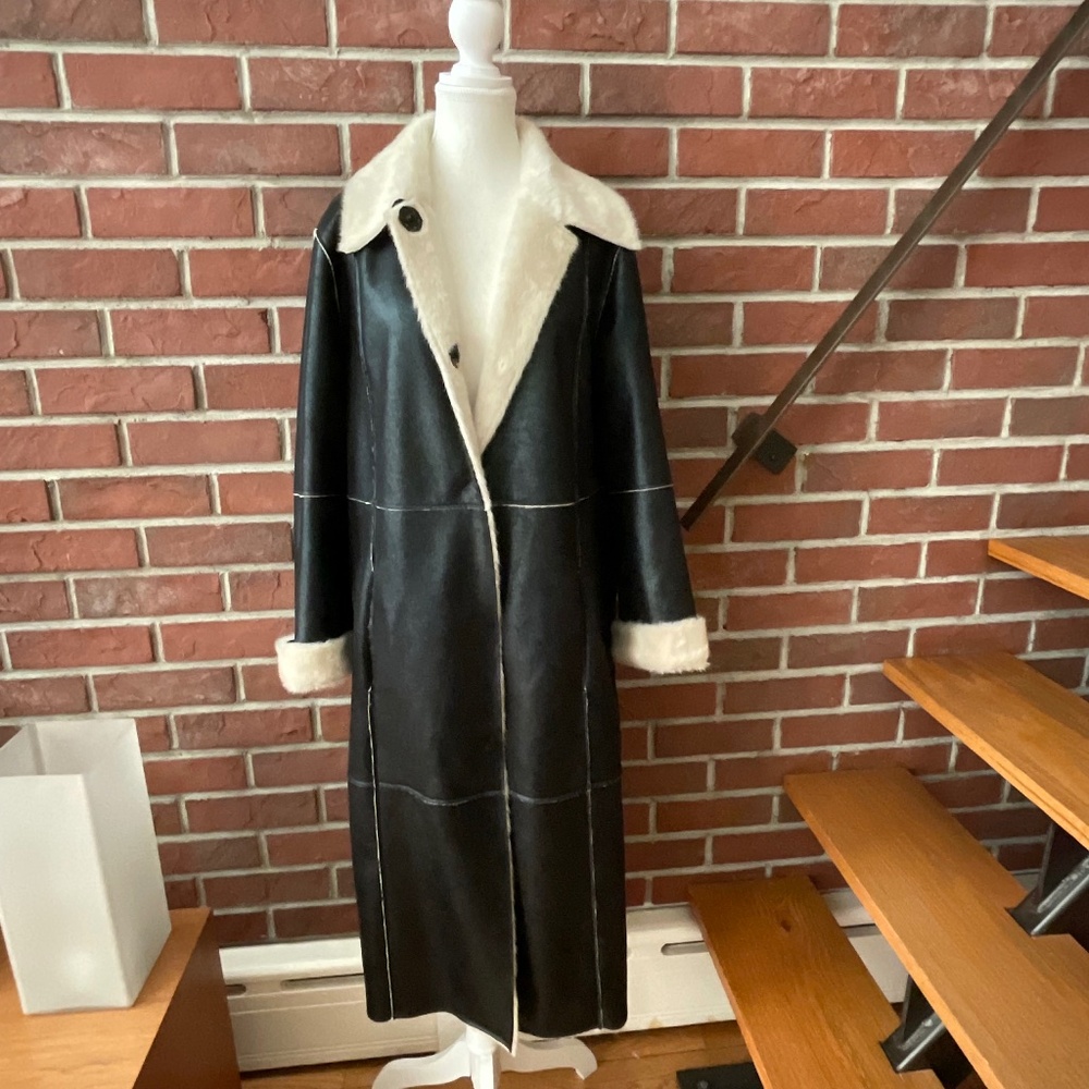 Stand Studio Black Faux Leather Faux Fur Lined  Long Coat Oversized NWOT Size 40